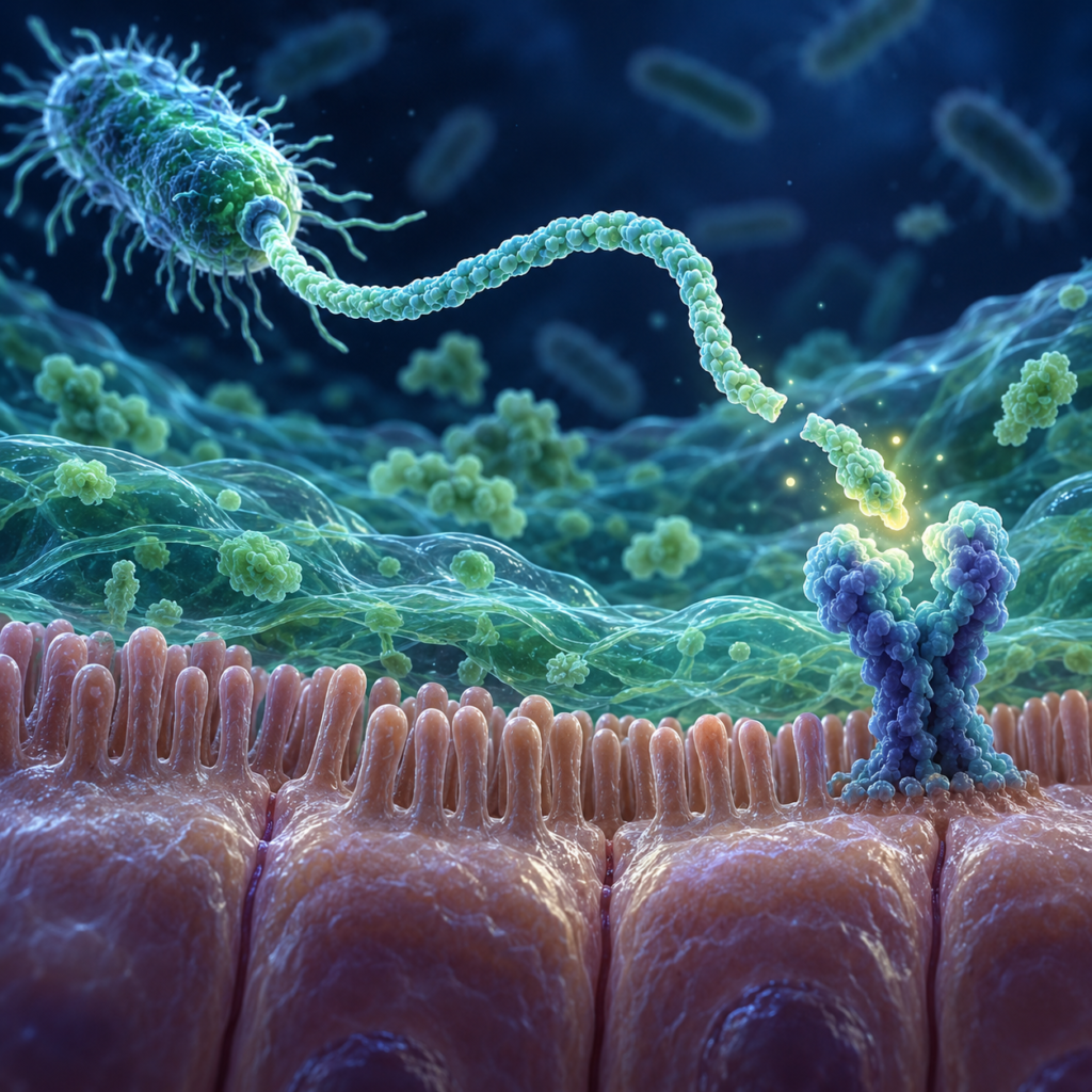 Illustration of a bacterial flagellum and a receptor at the intestinal surface.