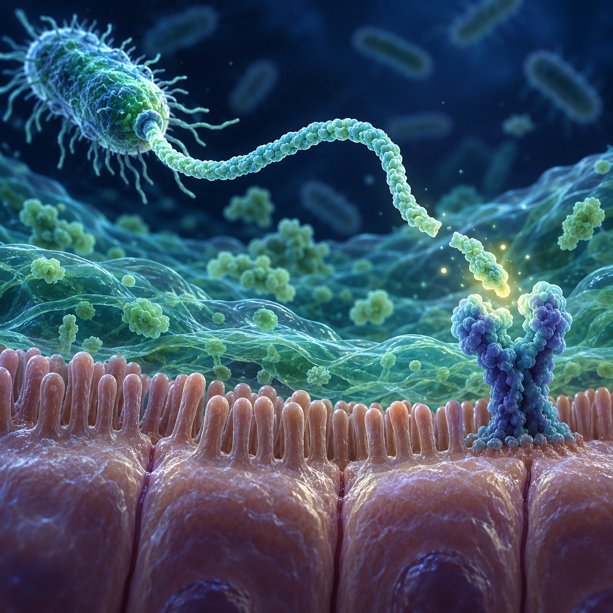 Illustration of a bacterial flagellum and a receptor at the intestinal surface.