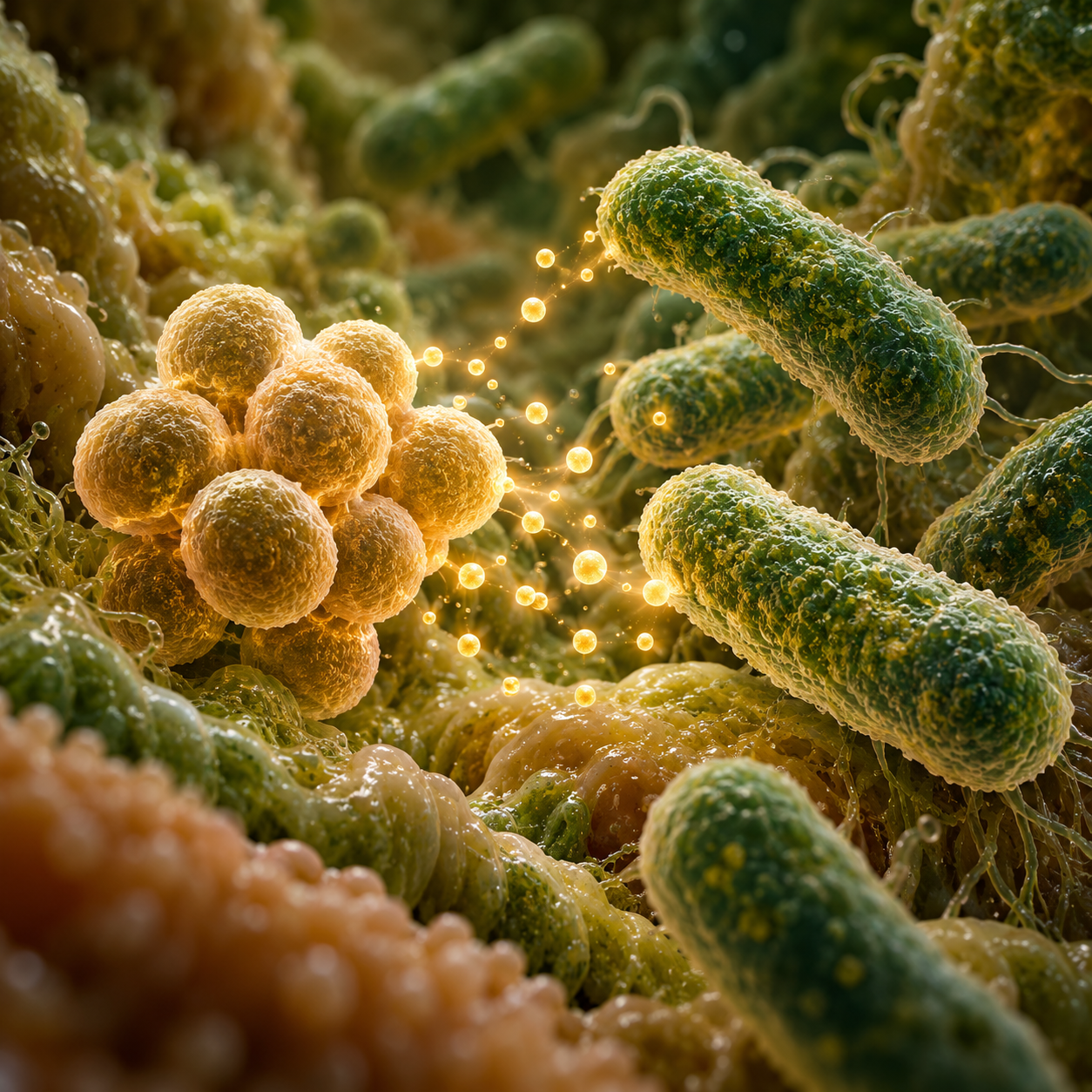 Illustration of neighboring gut microorganisms exchanging small molecules during fermentation.