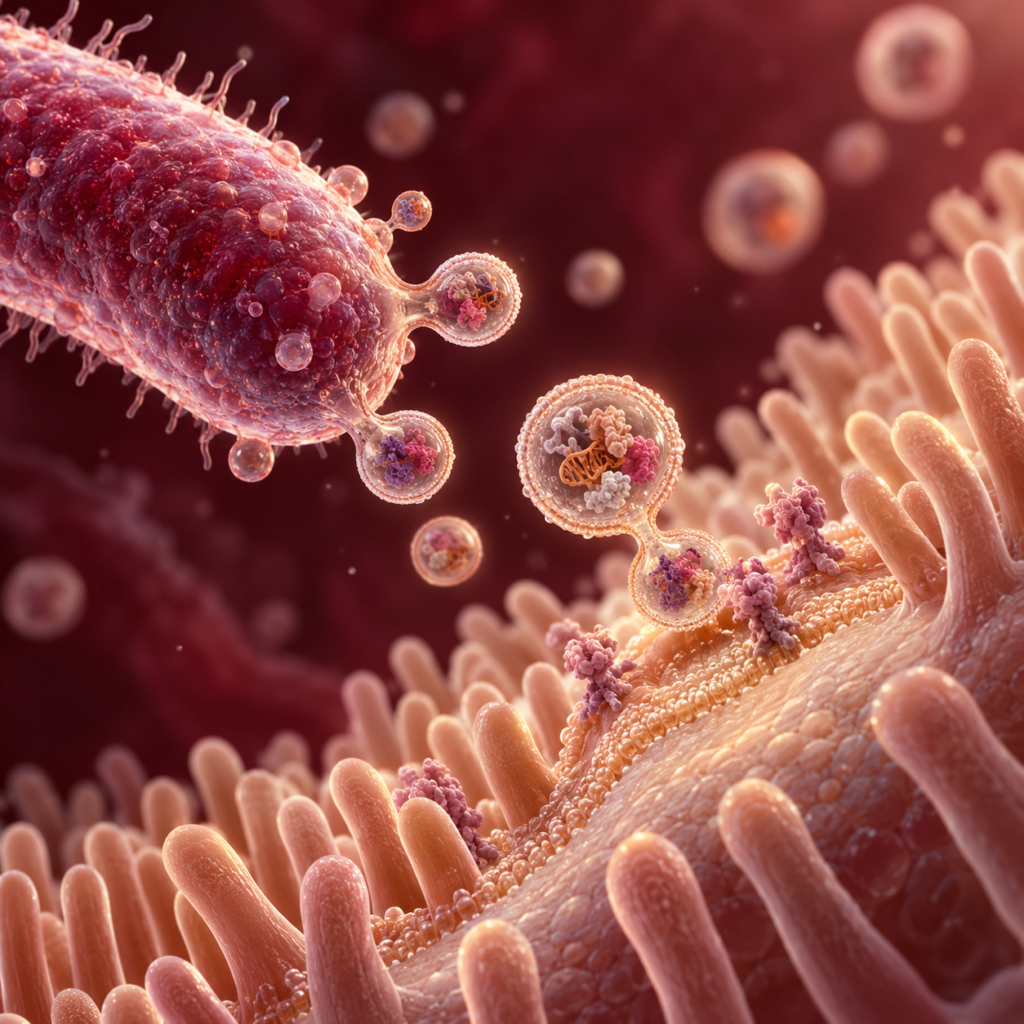 Illustration of a bacterium releasing membrane vesicles toward intestinal cells.