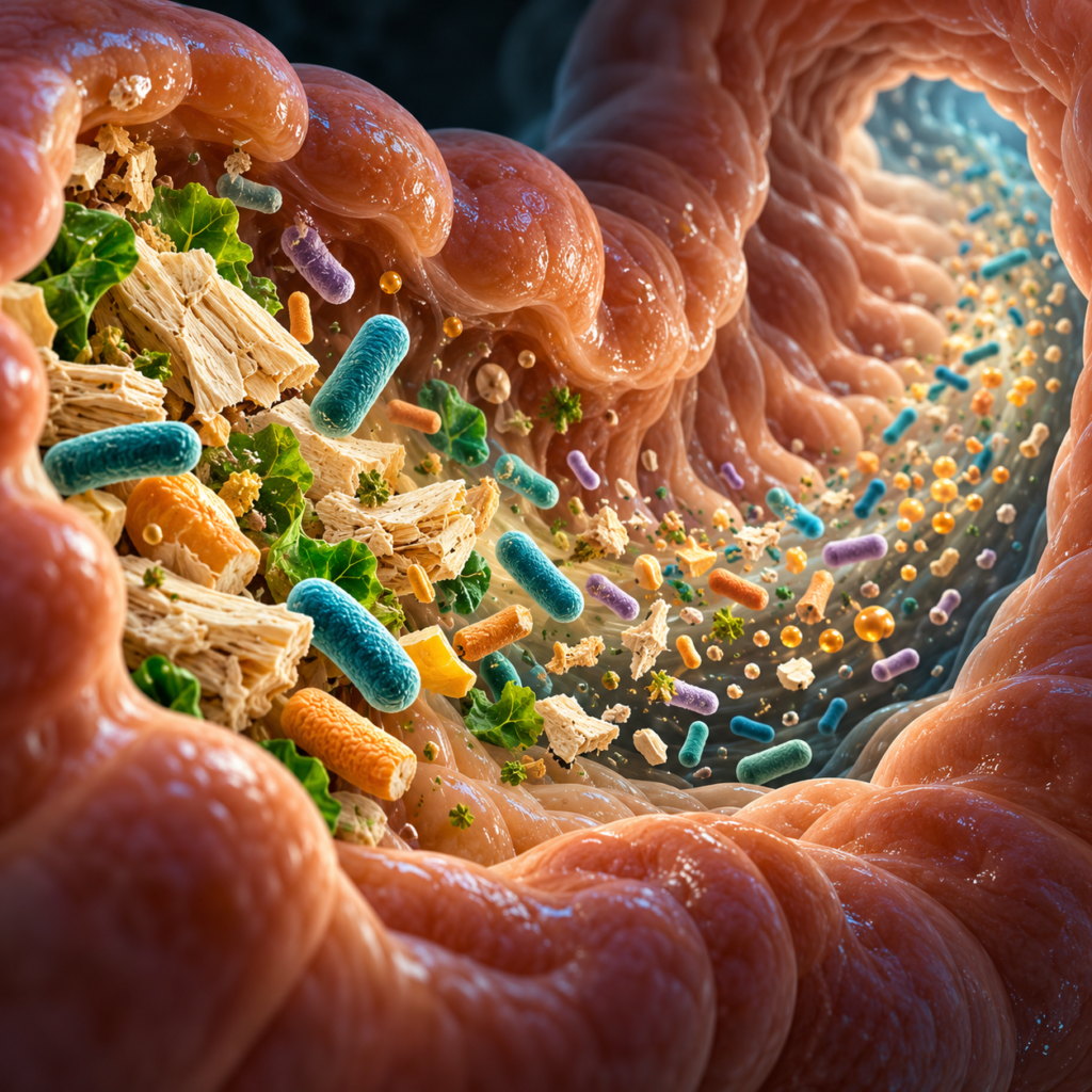 Illustration of gut microbes and dietary material along the intestinal lining.