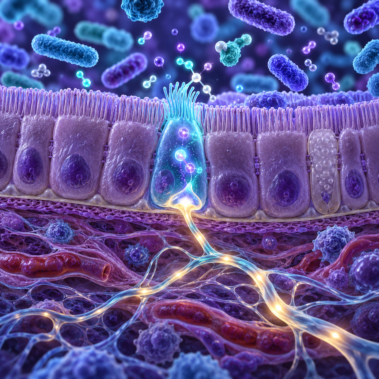 Illustration of microbial molecules, intestinal cells, and a nerve fiber below the gut lining.