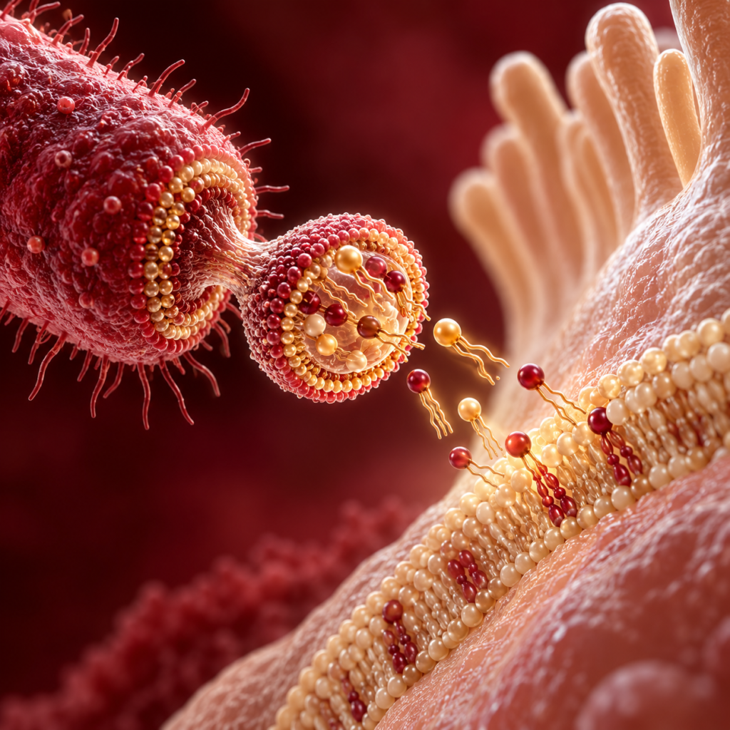 Illustration of lipid-containing material released by a bacterium near the intestinal lining.