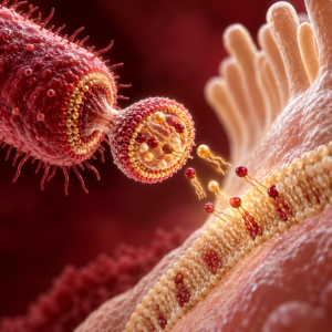 Illustration of lipid-containing material released by a bacterium near the intestinal lining.