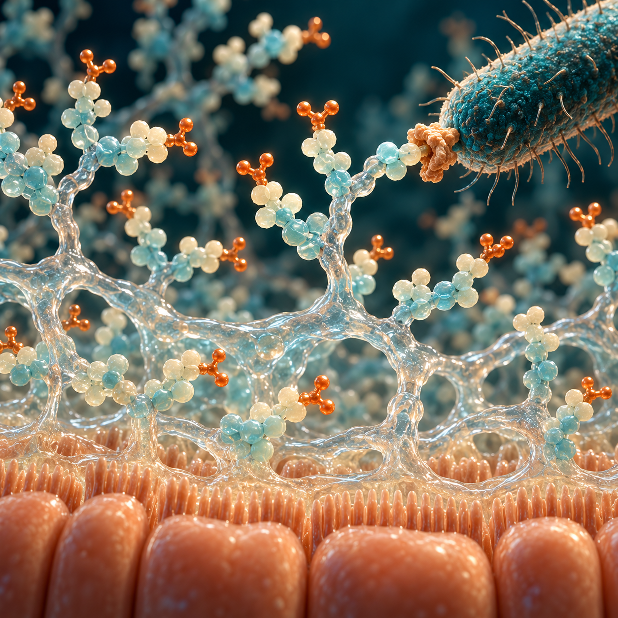 Illustration of branching mucin sugar chains forming a barrier above intestinal cells.