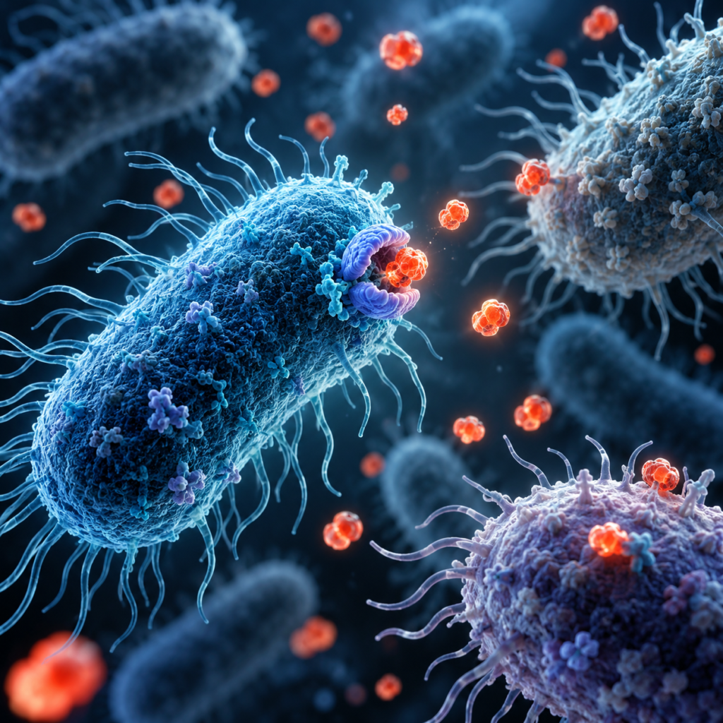 Illustration of gut bacteria surrounded by small nutrient molecules.