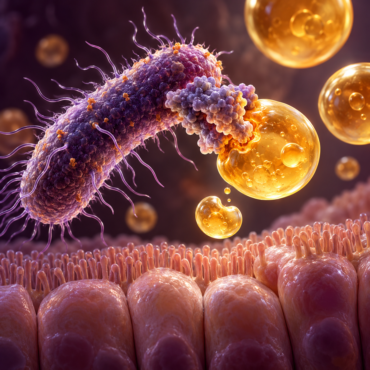 Illustration of a gut bacterium interacting with lipid droplets above the intestinal lining.